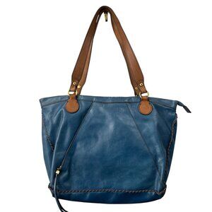 Hobo Madrigal Tote Blue Crinkle Lamb Leather Brown Trim Shoulder Bag $348
